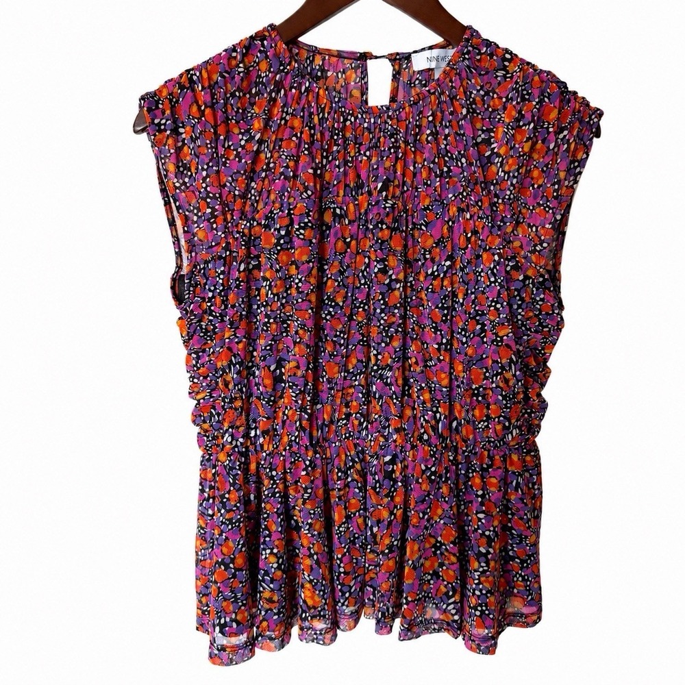 Nine West Abstract Print Pleated Peplum Blouse Size S Purple Pink Orange
